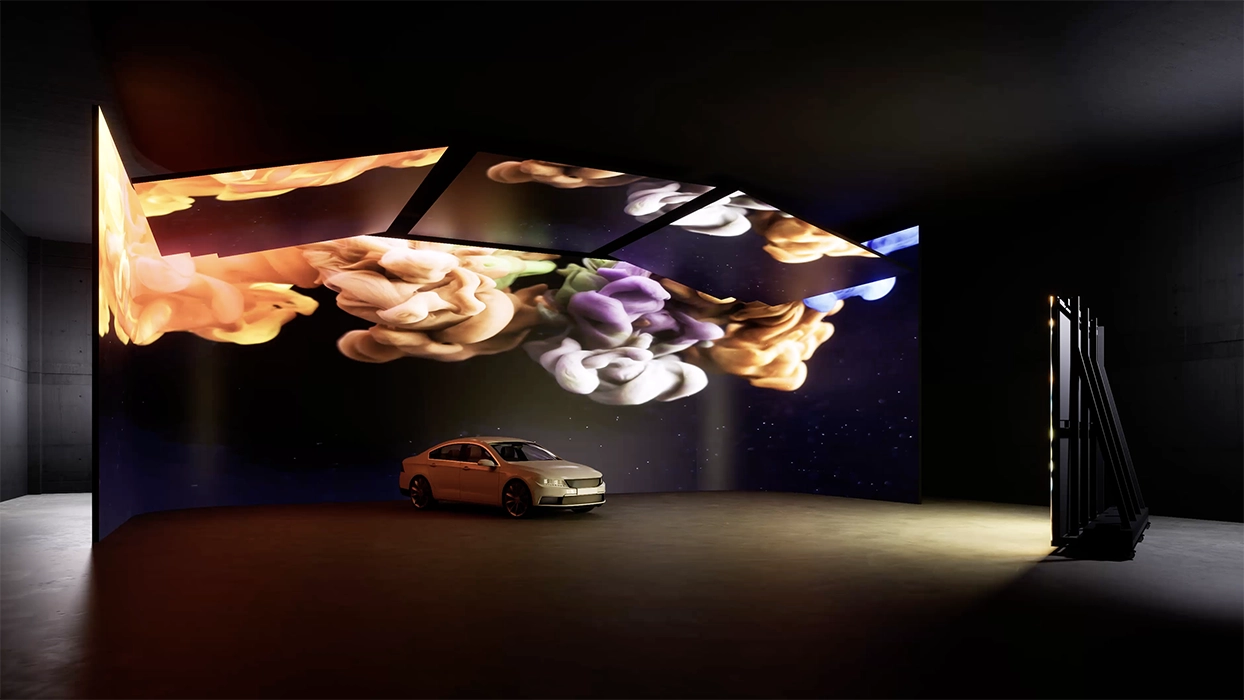 Film- und Broadcast Studio: 27x6 m LED mit abgerundeten Ecken, 3 LED-Decken und mobile LED-Wand "Bling Gate"